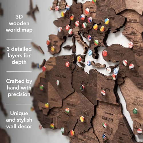 3D Wood World Map Wall Art (Medium, Dark Walnut)