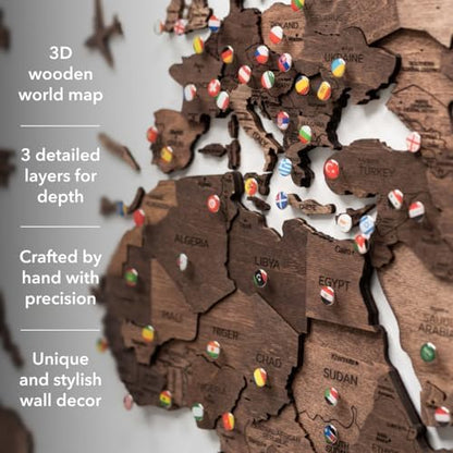 3D Wood World Map Wall Art (Medium, Dark Walnut)