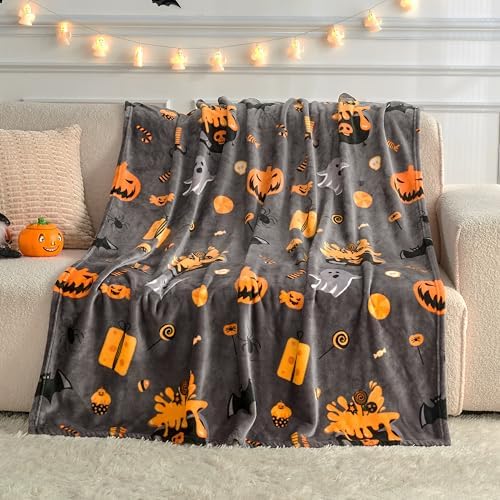 Edenleaf Halloween Blanket with Spooky Pumpkin Bat Ghost Spider Print