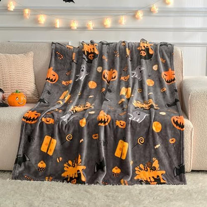 Edenleaf Halloween Blanket with Spooky Pumpkin Bat Ghost Spider Print