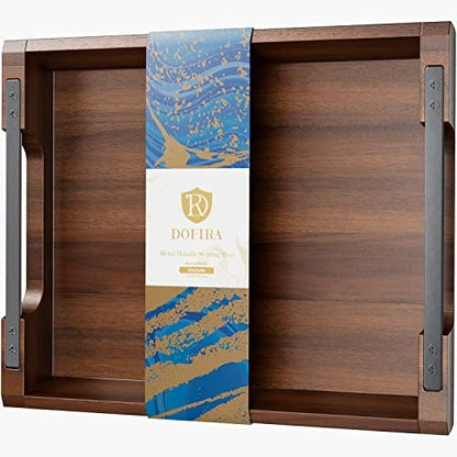 Acacia Wood Serving Tray with Metal Handle, 17x13in Tray for Ottoman
