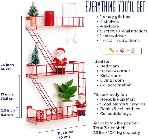 Fire Escape Shelf, 3 Tier Floating Ladder Shelf for Wall Decor &