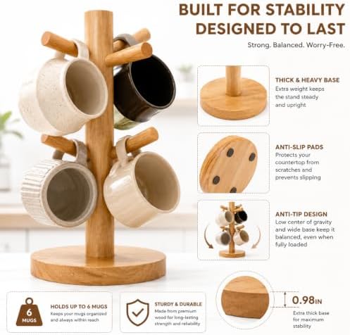 Wooden Mug Tree Stand for Countertop, Coffee Mug Holder Rack with 6