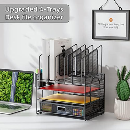 Marbrasse Desk Organizers, 4-Tier Mesh Desk File Organizer with 5