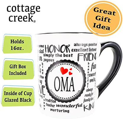 Cottage Creek Oma Mug, 16oz Word Art Coffee Cup for German Grandma