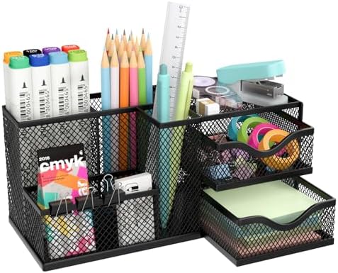 Mesh Desk Organizer with 2 Drawers and 5 Compartments, Pen Holder for