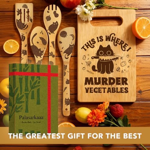 6Pcs Funny Black Cat Gifts Set Cutting Board with Spoons & Cleaning