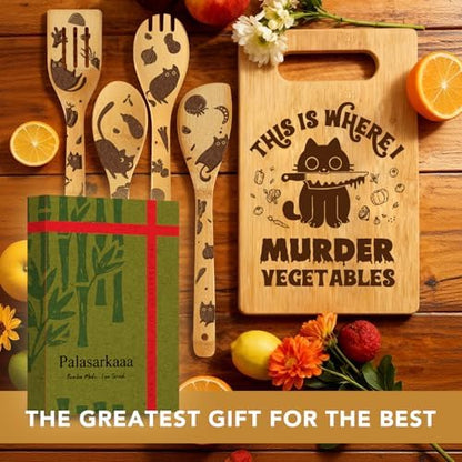 6Pcs Funny Black Cat Gifts Set Cutting Board with Spoons & Cleaning