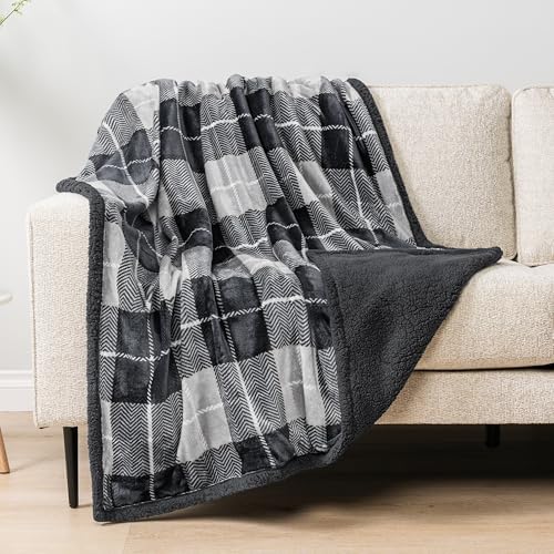 PAVILIA Plaid Sherpa Throw Blanket for Couch Sofa Bed, Dark Grey