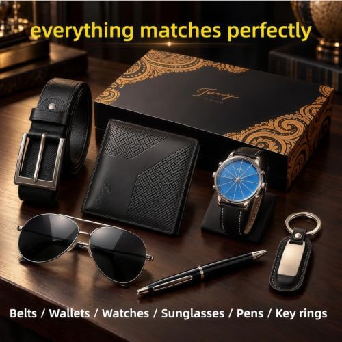 Mens Gift Set 6 PC Watch Wallet Belt Sunglasses Pen Key Ring Box