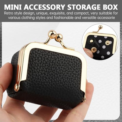 Genuine Leather Mini Jewelry Box with Vintage Kiss Lock, Black