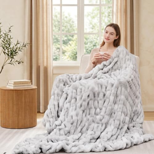 Touchat Ruched Rabbit Faux Fur Throw Blanket,Fluffy Soft Cozy,Tie-dye