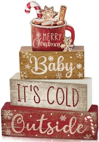 Moucuny 4 Pcs Christmas Table Decorations Indoor, Hot Cocoa Wood Block