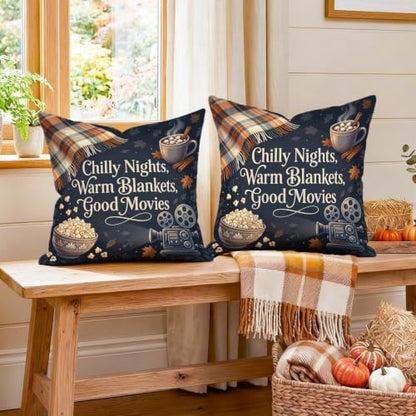 Cozy Movie Night Quote Projector Autumn Throw Pillow Covers 12x12 Set