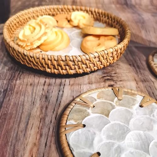 6" Mini Lazy Susan Turntable with 2 Rattan Coasters – Mother of Pearl