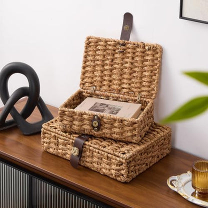 Decorative Box with Lid, Wicker Storage Basket, Water Hyacinth Woven