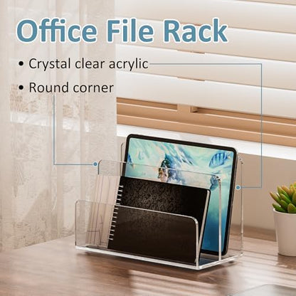 Sezanrpt Acrylic File Holder 2 Compartment, Clear Desk File Organizer
