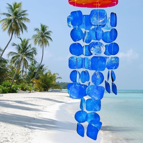Wind Chimes Outdoor, Capiz Sea Glass Shells Wood Blue 27 Inch – Garden