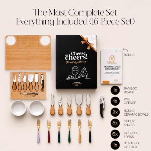 Bamboo Charcuterie Board gift Set, 12x15 in Cheese Board with 16
