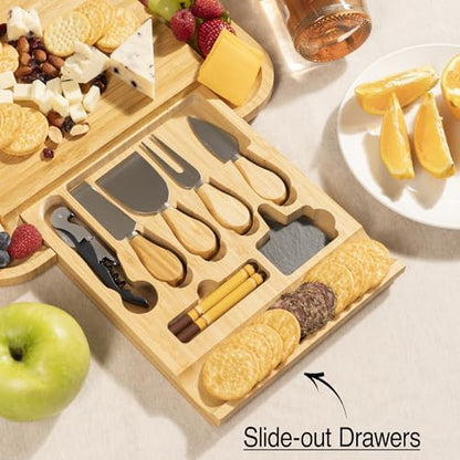 Cheese Board Gift Set with Built-in Storage Drawer, Bamboo Charcuterie