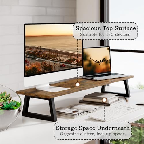 TEAMIX 31.5 inch Dual Monitor Stand Riser, TV Riser, Wood Desk