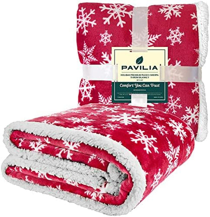 PAVILIA Red Snowflake Christmas Sherpa Throw Blanket, Ultra Soft