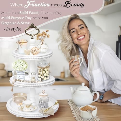 [3-in-1] Wooden Tiered Tray Stand - Beaded 3 Tiered Tray Decor Wood