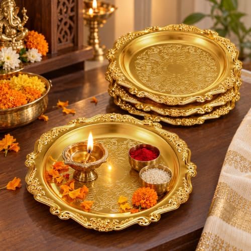 4 Pcs Vintage Silver Tray Indian Pooja Return Gift, Round Golden