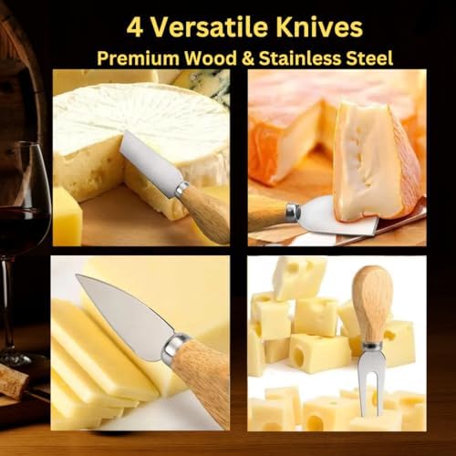 8" Round Wood Cheese Board Set with 4 Stainless Steel Knives & Hidden