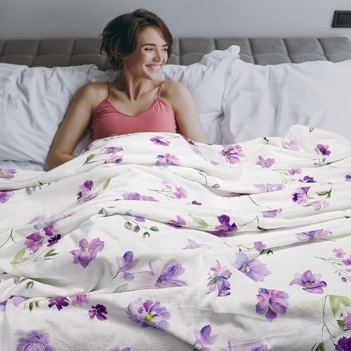 Floral Throw Blanket Purple Flowers Blanket Ultra Soft Flannel Fleece