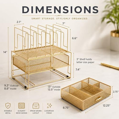 BLU MONACO | Gold Desk Organizer With Drawer | Metal Mesh File Holder