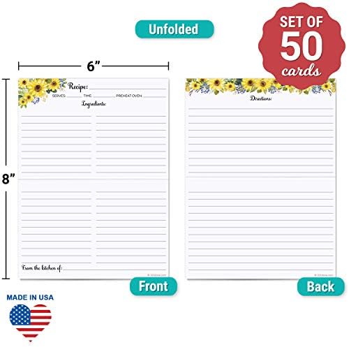321Done Folding Recipe Cards, 8x6 to 4x6, Set of 50, Sunflowers, White