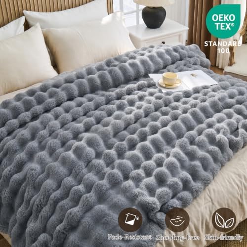 IKALIFE Cozy Bubble Faux Fur Twin Blanket for Couch, 60x80 Light Grey