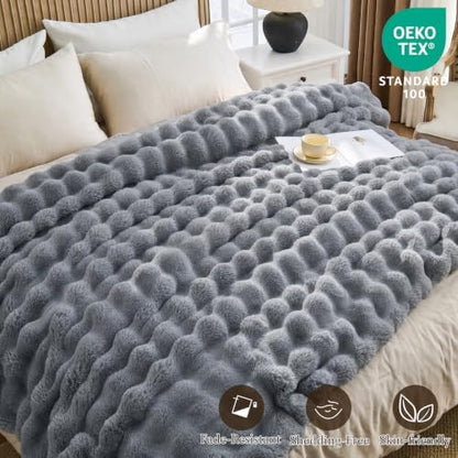 IKALIFE Cozy Bubble Faux Fur Twin Blanket for Couch, 60x80 Light Grey