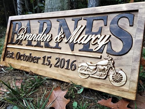 Personalized Motorcycle Wedding Gift Wood Family Last Name Sign