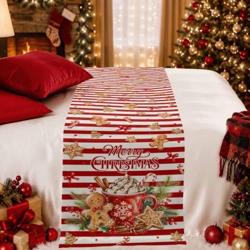 Merry Christmas Bed Runner Scarf Twin Size, Xmas Cocoa Mug Gingerbread