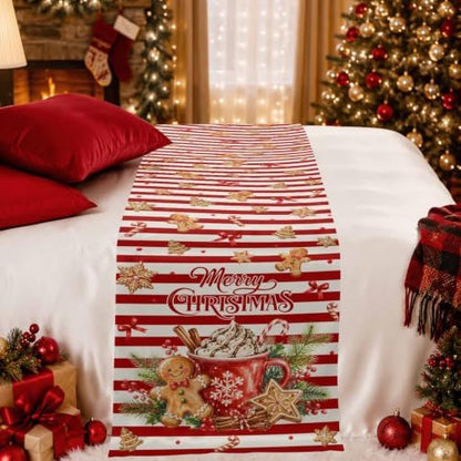 Merry Christmas Bed Runner Scarf Twin Size, Xmas Cocoa Mug Gingerbread