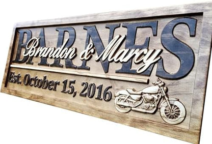 Personalized Motorcycle Wedding Gift Wood Family Last Name Sign