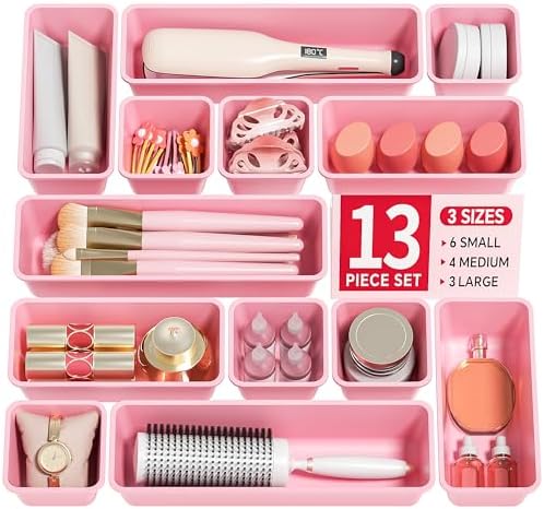 Canfanni 13 Pack Plastic Drawer Organizers Set, 3 Sizes Desk Drawer