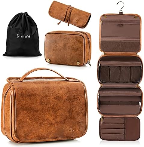 Elviros Hanging Toiletry Bag for Men PU Leather Shaving Dopp Kit