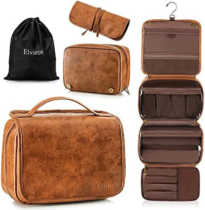 Elviros Hanging Toiletry Bag for Men PU Leather Shaving Dopp Kit