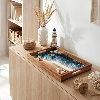 Novabright Rectangular Acacia Wood Serving Tray with Ocean Resin Art