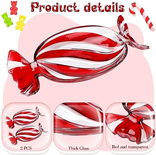 Uiifan 2 Pcs Christmas Candy Dish Glass Tray Peppermint Stripe, Red