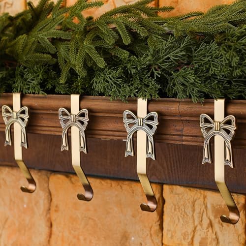6 Pcs Brass Bow Christmas Stocking Holder, Vintage Mantle Hooks