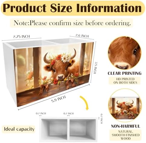 Rustic Floral Highland Cow Pen Holder for Desk, Gifts for Highland Cow