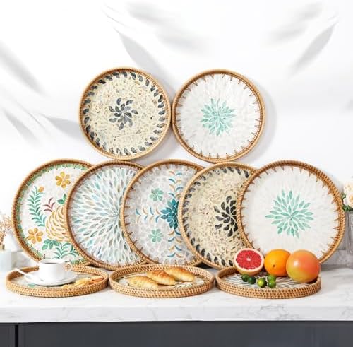 14 inch Round Rattan Tray Home Decor, Wicker Serving Tray with Mother