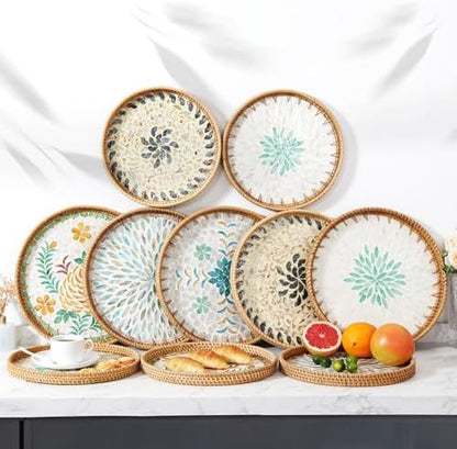 14 inch Round Rattan Tray Home Decor, Wicker Serving Tray with Mother