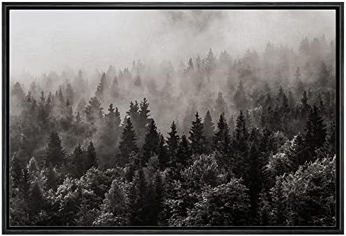 wall26 Framed Canvas Wall Art - Misty Forest in Black and White