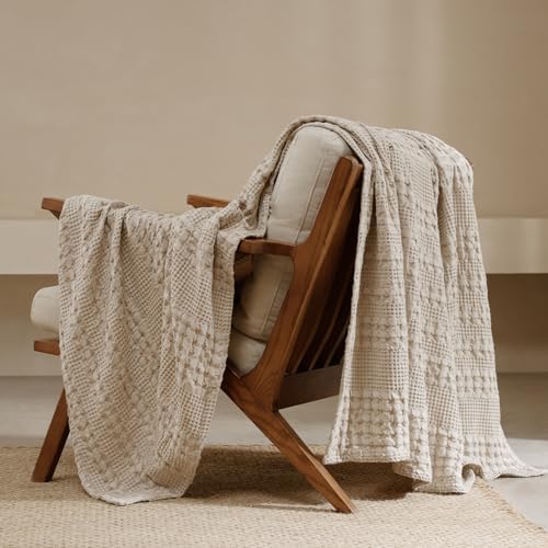 PHF Lightweight 100% Cotton Waffle Throw Blanket for Couch, Light