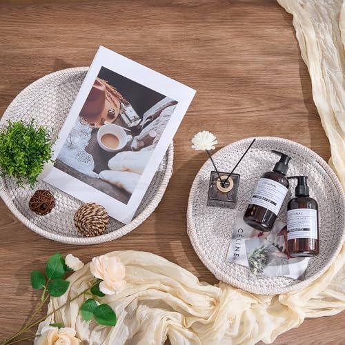 Round Rattan Serving Tray,Hand-Woven Tray with Handles, Ottoman